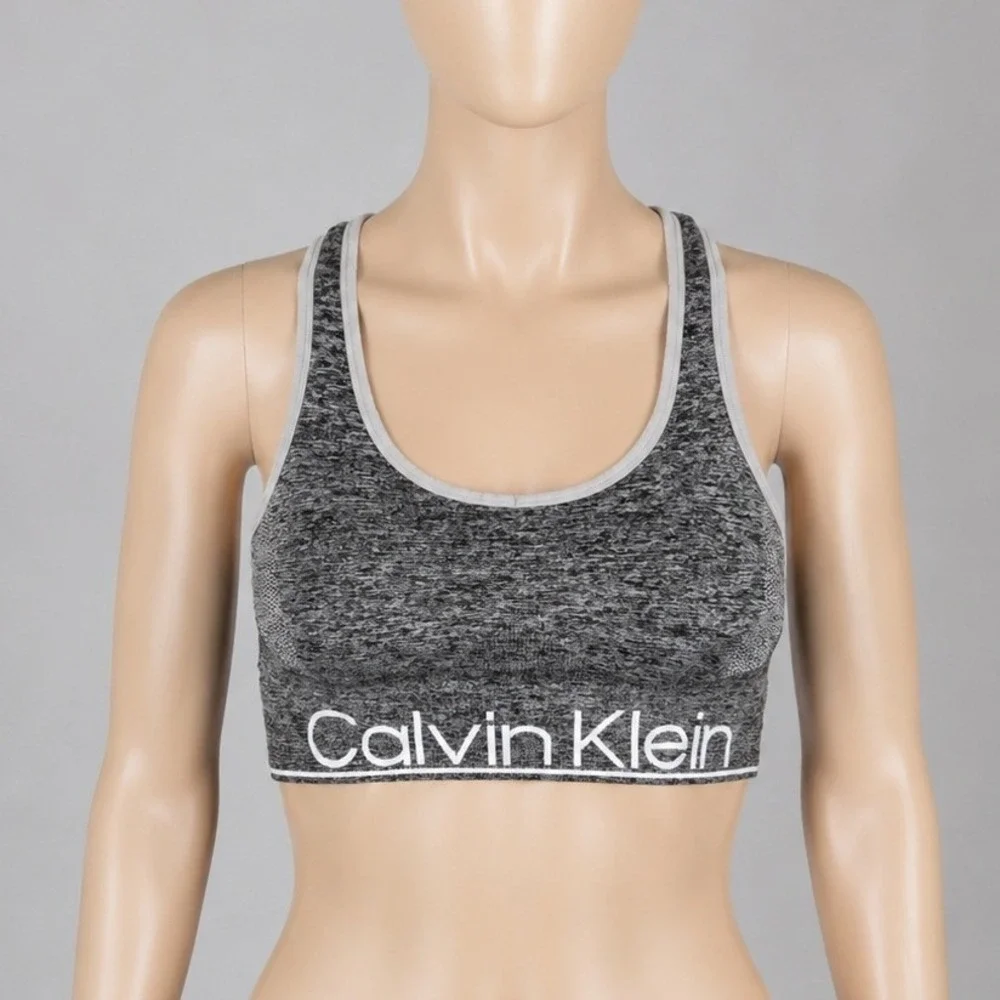 Calvin Klein Womens Sports Bra Gray Heather Performance Racerback Seamless S